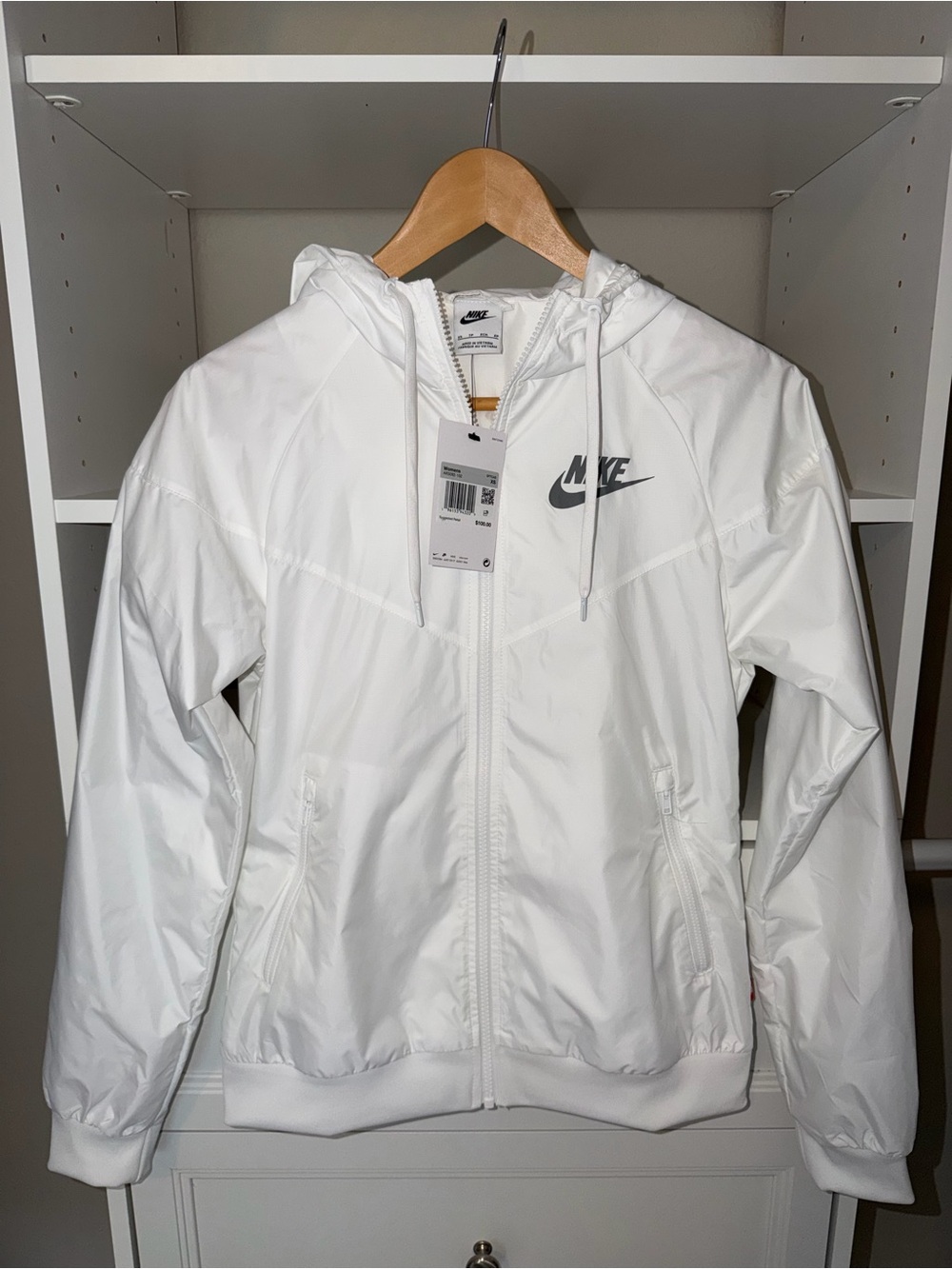 Nike Women's White Hooded Bomber Jacket with Grey Logo